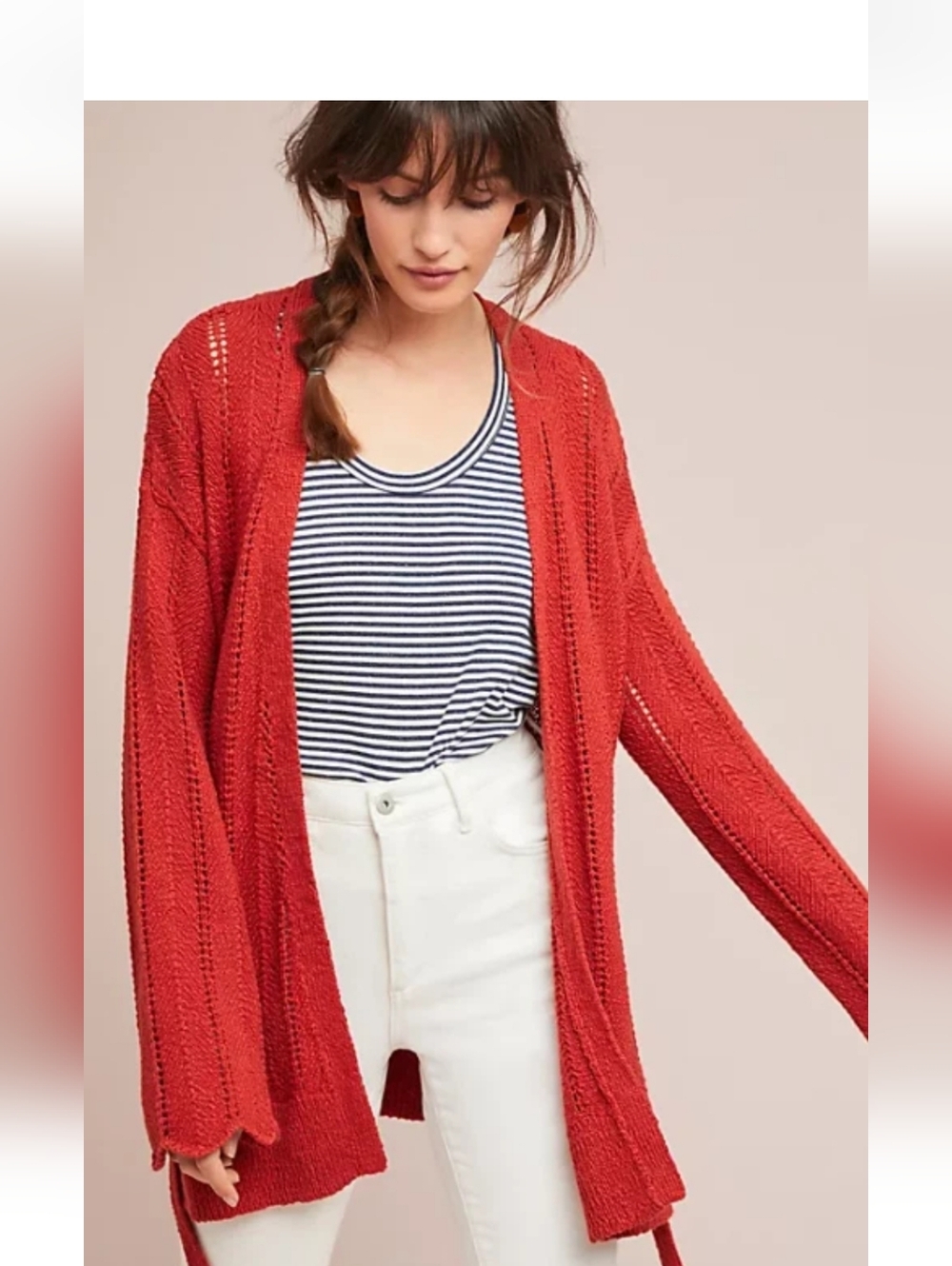 Meadow Rue Anthropologie Priscilla Orange Pointelle Knit Tie Cardigan Sweater